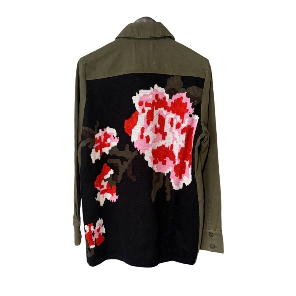 Anthropologie Olive Utility Jacket Floral Knit Back Military Cargo Coat Women S